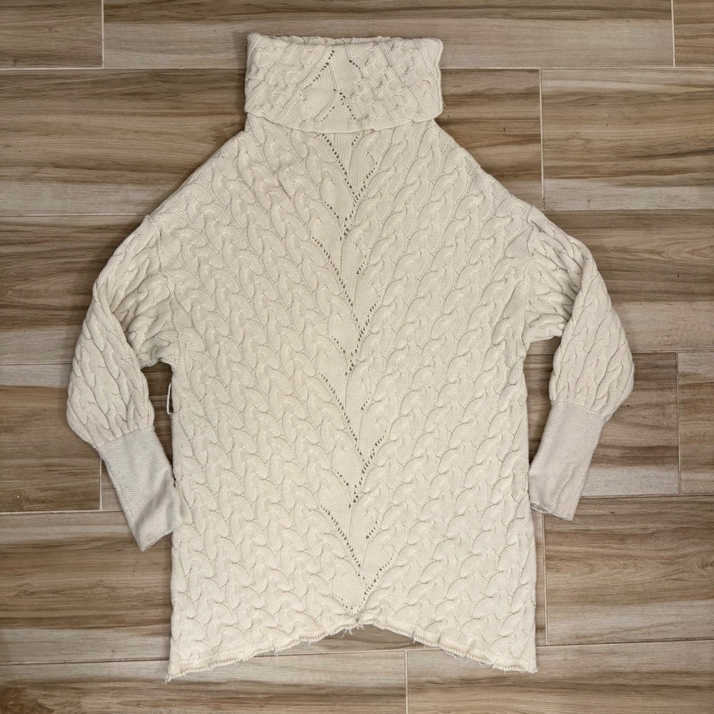 Free People For The Love Of Cables Cowl Neck Sweater Dress Ivory Cream Boho L